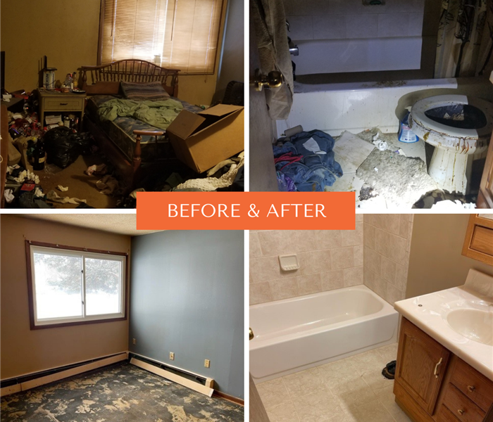 before and after photos of a bedroom and bathroom that suffered from hoarding