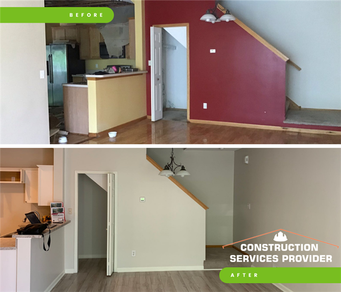 before and after photo of a living room and stairwell